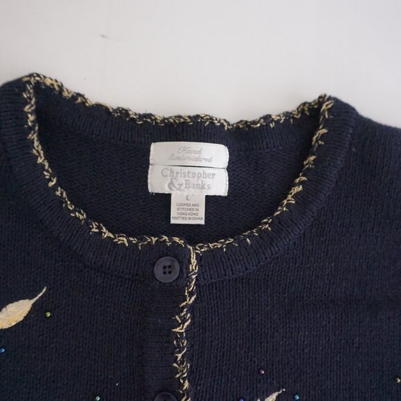 Vintage Christopher & Banks Embroidered Leaf Cotton Cardigan Fall Cottagecore L - Picture 4 of 13
